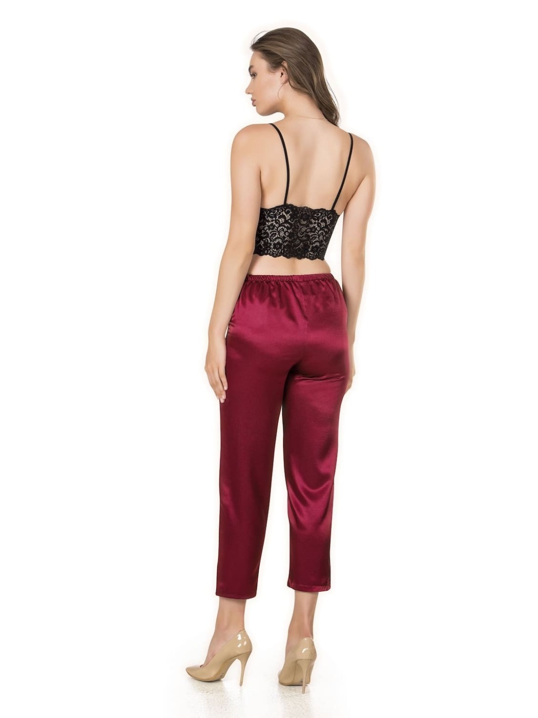 Two-piece pajamas with a lace top, black and burgundy PIZ310 - Online store - Boutique